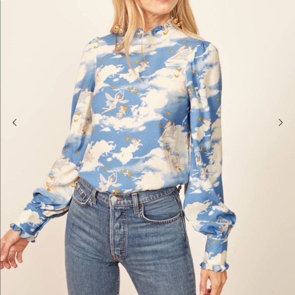 Reformation Tali Mock Neck Cielo Angel Top, Size Large